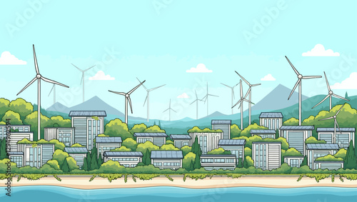 Sustainable coastal city illustration with modern green architecture, wind turbines, and solar panels. Ideal for renewable energy, smart cities, and eco-friendly urbanization themes.