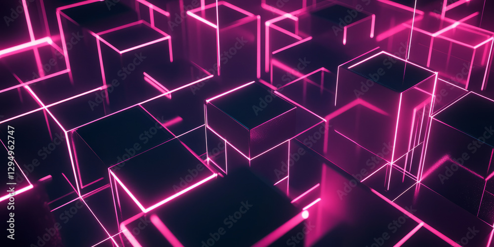 A visually striking 3D abstract background showcasing seamless geometric formations, glowing wireframe cubes, and dynamic neon highlights. The composition blends futuristic and modern abstract design