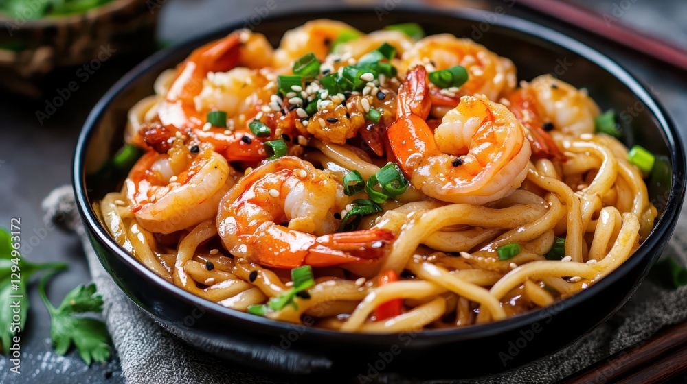 Delicious shrimp stir-fry served in a black bowl with green onions and sesame seeds on a textured surface Delicious shrimp stir-fry served in a black bowl with green onions and sesame seeds on a textured surface