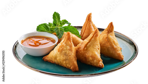 Samosas with Green & Tamarind Chutney, Transparent Background