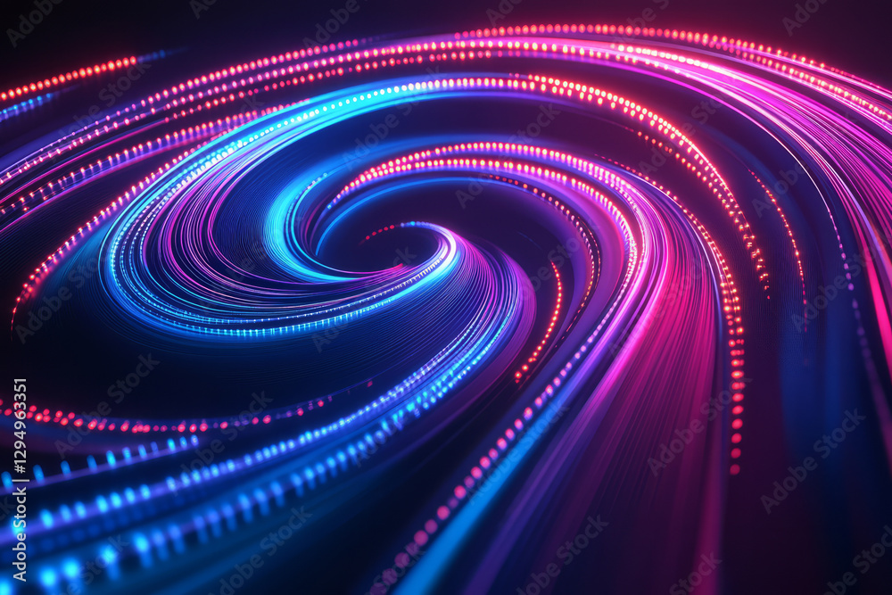 A mesmerizing 3D abstract background displaying an intricate spiral of interconnected, glowing data streams. The deep neon reflections and fluid motion create a hypnotic, futuristic visual, ideal for A mesmerizing 3D abstract background displaying an intricate spiral of interconnected, glowing data streams. The deep neon reflections and fluid motion create a hypnotic, futuristic visual, ideal for