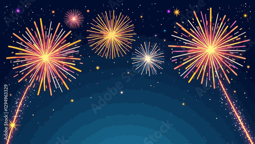 Bright and colorful fireworks exploding in the night sky, creating a festive and celebratory atmosphere. Perfect for New Year's Eve and holiday events.