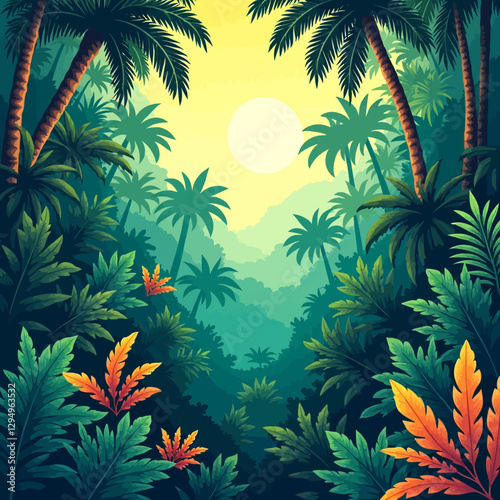 Beautiful vector illustration of a tropical jungle landscape with palm trees and dense foliage under a golden sunset. Ideal for adventure, nature, and wildlife projects.