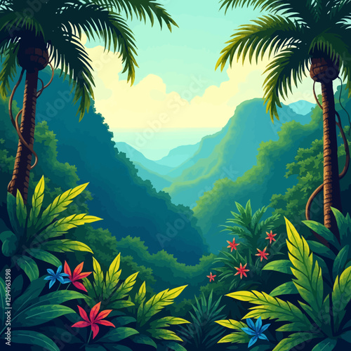 Vector illustration of a lush tropical rainforest with palm trees, vibrant green foliage, and distant mountains under a bright sky. Perfect for nature, travel, and adventure themes.