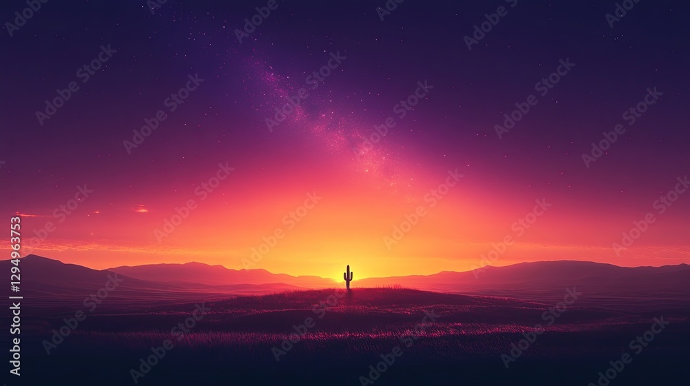 Fototapeta premium Vibrant sunset over a desert landscape with a solitary cactus silhouetted against the glowing sky