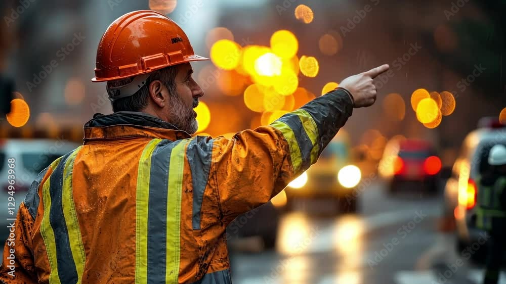 Construction Worker Directing Traffic in City at Night Construction Worker Directing Traffic in City at Night