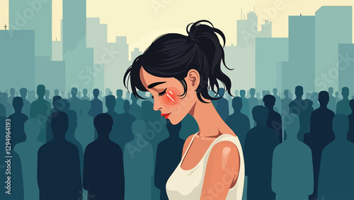 A melancholic vector illustration of a woman looking down with sadness, lost in thought while surrounded by an anonymous city crowd.
