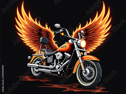 Vector t-shirt design with biker motorcycle, wings
and fire on black background.
Fashionable print for fabric, paper, men clothing,
hoodie, biker jacket. T shirt template with flame.