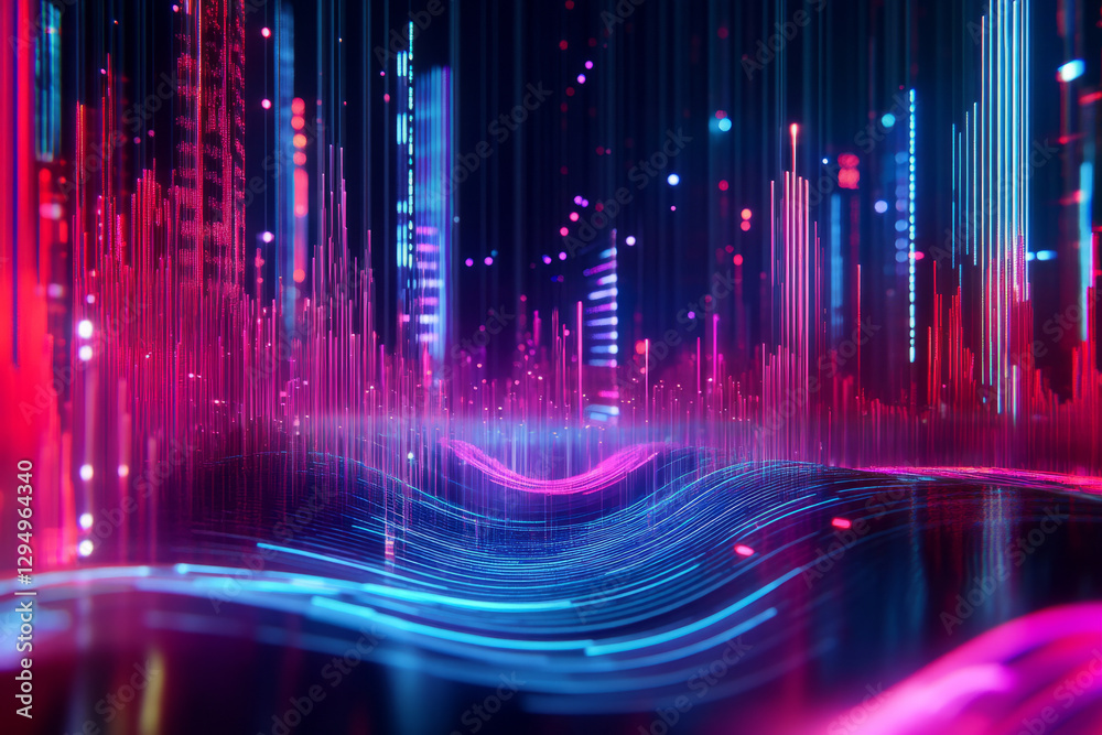 A mesmerizing 3D background where liquid neon sound waves cascade like a waterfall over a futuristic digital landscape. Floating holographic equalizer bars pulse with vibrant energy, creating a A mesmerizing 3D background where liquid neon sound waves cascade like a waterfall over a futuristic digital landscape. Floating holographic equalizer bars pulse with vibrant energy, creating a