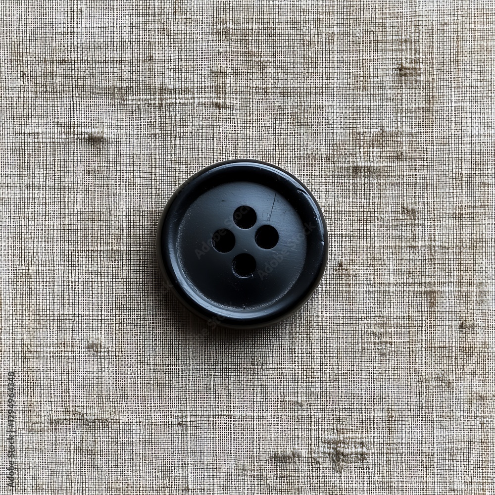 Black button on linen, four holes, textile background, sewing craft Black button on linen, four holes, textile background, sewing craft
