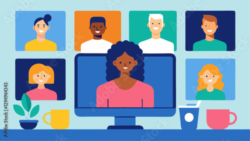 Virtual Coffee Chat A group of diverse professionals sitting in comfortable home office setups engaging in a lively video call each with a coffee mug.