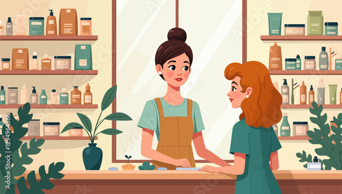 A modern vector illustration of a natural skincare store, where a friendly saleswoman is assisting a customer in choosing beauty products.