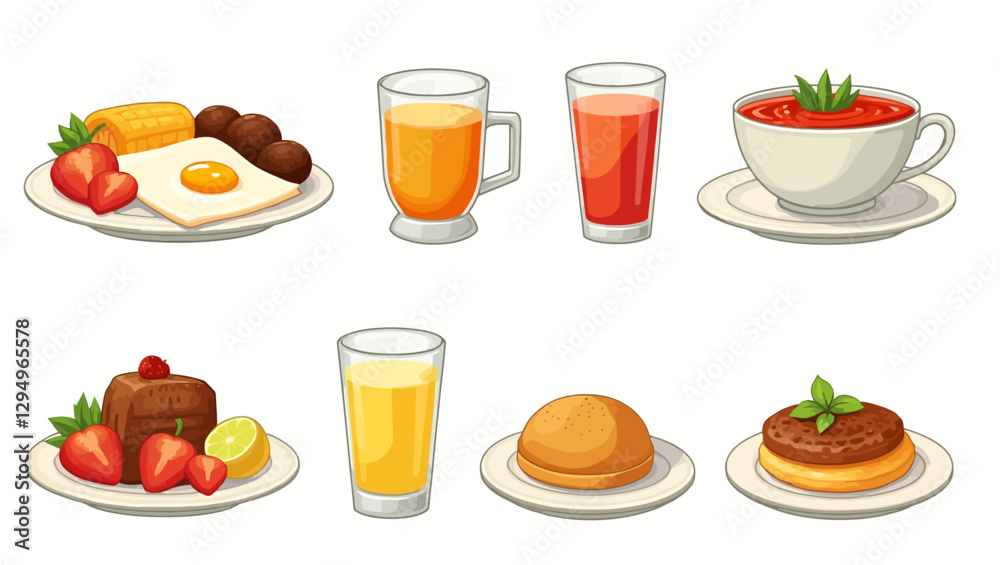 A vibrant vector illustration of different breakfast foods and drinks, including eggs, juice, coffee, pastries, and fruit, arranged in an appealing layout. A vibrant vector illustration of different breakfast foods and drinks, including eggs, juice, coffee, pastries, and fruit, arranged in an appealing layout.