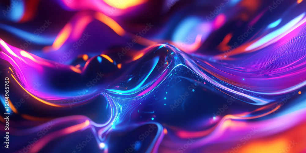 Obraz premium A surreal 3D abstract background with luminous, holographic energy waves flowing through a futuristic cybernetic space. The fluid motion and neon glows add depth and movement.