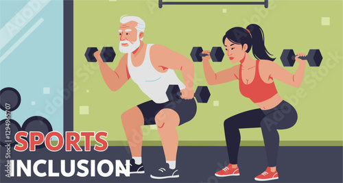 Young Asian woman and senior Caucasian man exercising together at the gym. Sports inclusion. Colorful minimalist illustration