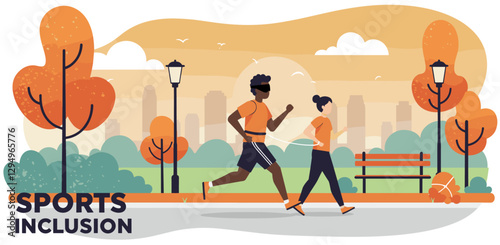 Blind African-American man running with his guide in a park. colorful flat design illustration
