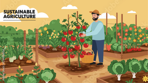 Man harvesting tomatoes from his organic orchard. Sustainable Agriculture. Colorful minimalist illustration