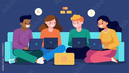 Trading Community A group of friends in a cozy living room chatting and laughing while looking at their laptops sharing tips on cryptocurrency trading.