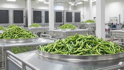 Cutting edge vegetable processing plant with green beans being blanched and frozen showcasing large cooling units and conveyor belts