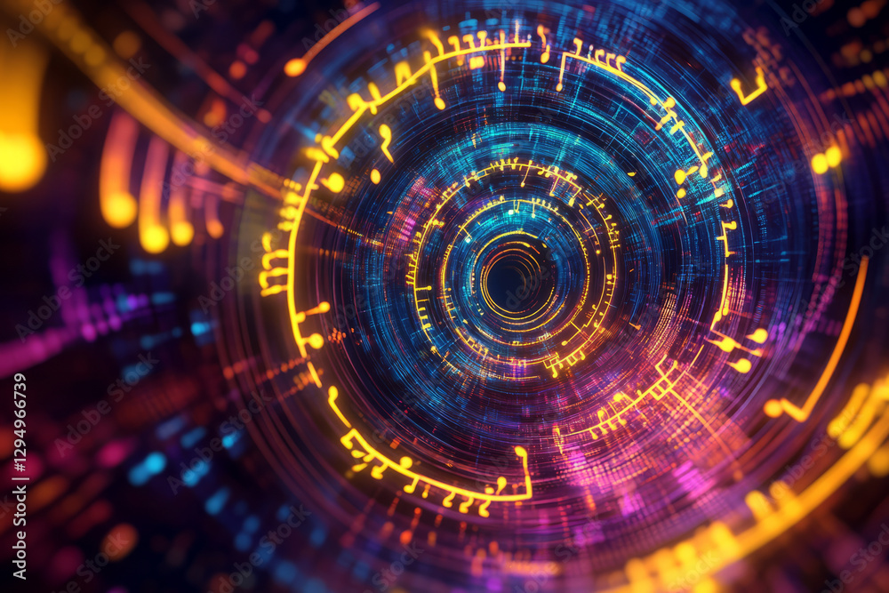 A surreal 3D abstract background showcasing an infinite spiral of glowing music staffs and digital equalizers. The synchronized pulses of neon energy create a mesmerizing, futuristic display of
