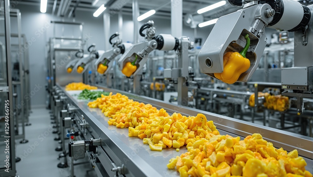 Naklejka premium Futuristic vegetable processing line featuring robotic arms cutting dicing and packaging vibrant yellow bell peppers under bright lights