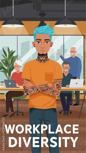 Mixed race young man with tattoos working in the office with colleagues. Workplace diversity concept