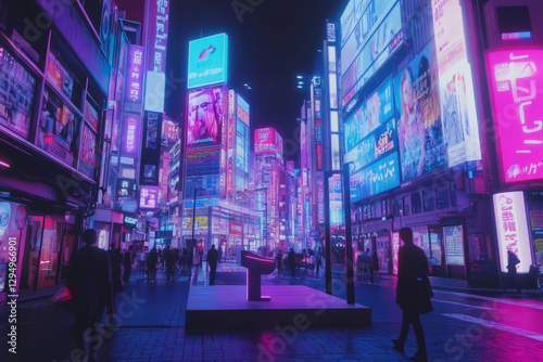 A neon Tokyo street 3D background featuring a modern digital podium surrounded by towering billboards and holographic advertisements. The bustling city is alive with energy, as pedestrians walk past