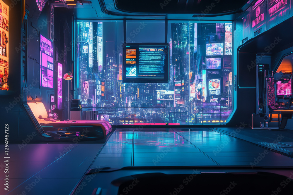 A neon-lit dystopian 3D background room in a high-rise overlooking a futuristic city. The space is filled with digital billboards reflecting in the glass windows, cybernetic enhancements on the A neon-lit dystopian 3D background room in a high-rise overlooking a futuristic city. The space is filled with digital billboards reflecting in the glass windows, cybernetic enhancements on the
