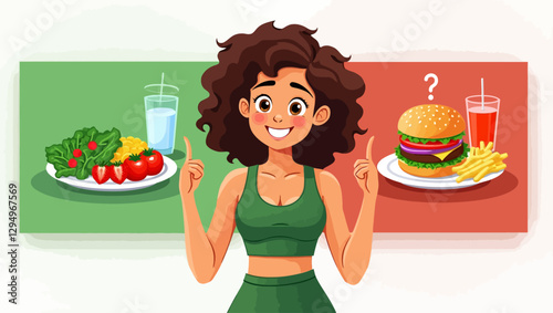 A smiling woman comparing healthy food options with fast food, symbolizing a balanced diet choice.