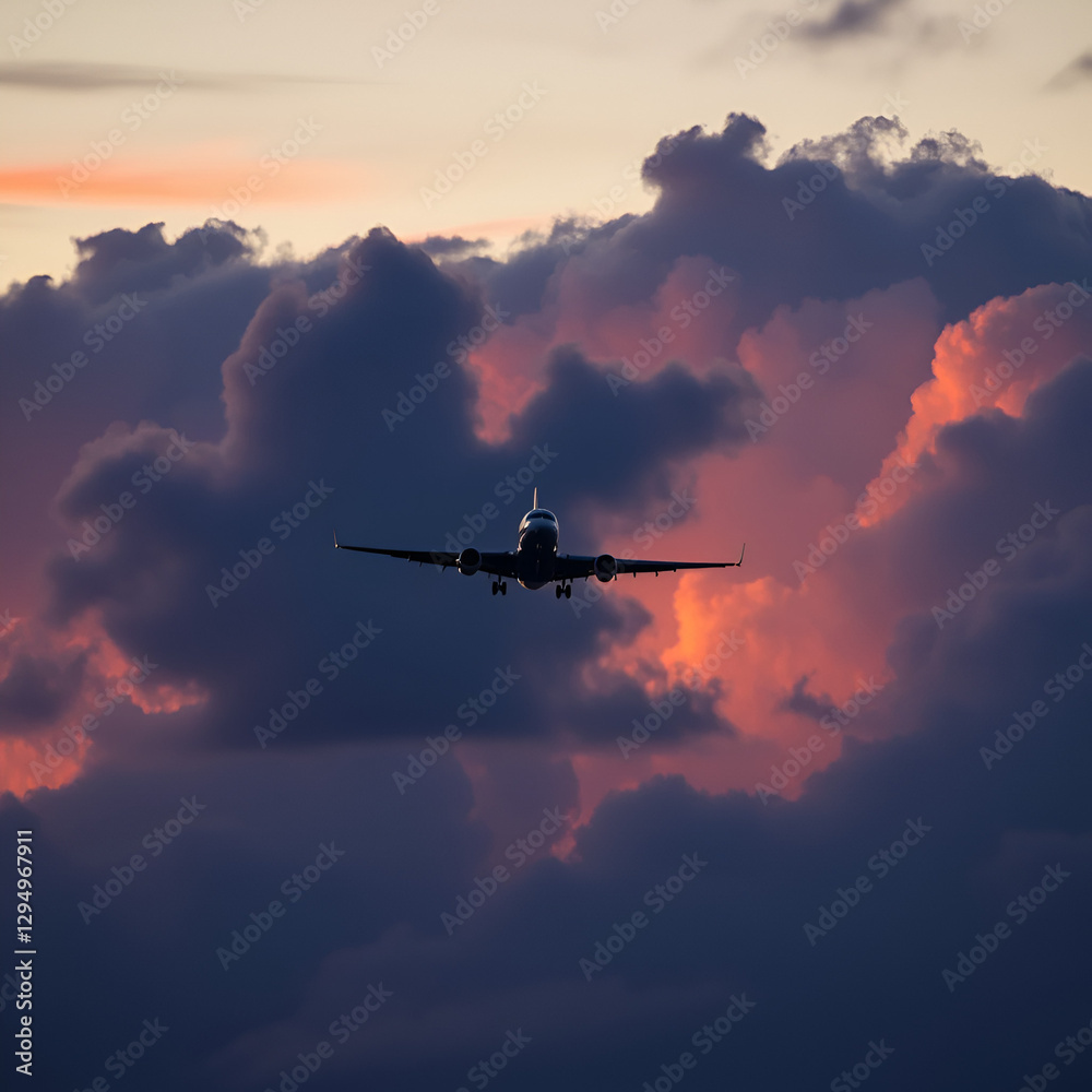 Dangerous plane flying through stormy clouds at dusk Dangerous plane flying through stormy clouds at dusk