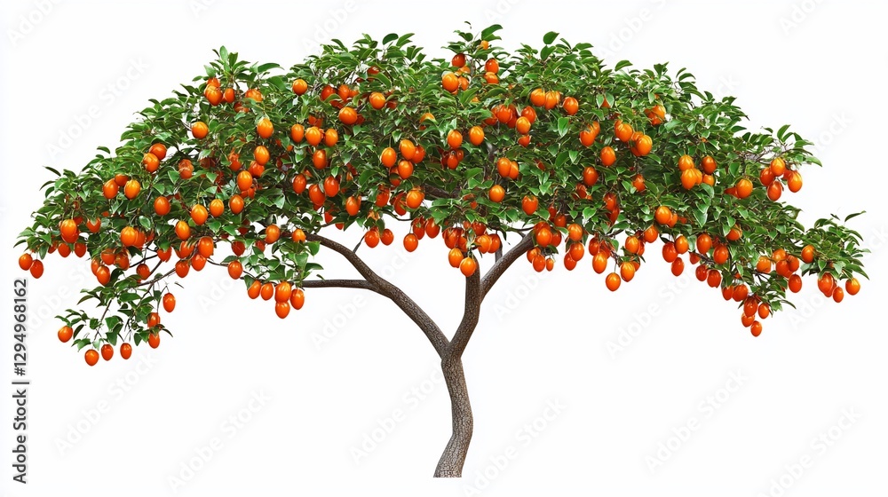 Fototapeta premium Lush orange tree laden with fruit, isolated on white background, ideal for food packaging