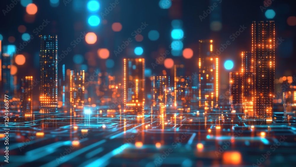 Fototapeta premium Futuristic cityscape with glowing digital network.