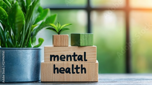 Focus on mental health with decorative plant and colorful blocks in a bright indoor setting surrounded by natural light