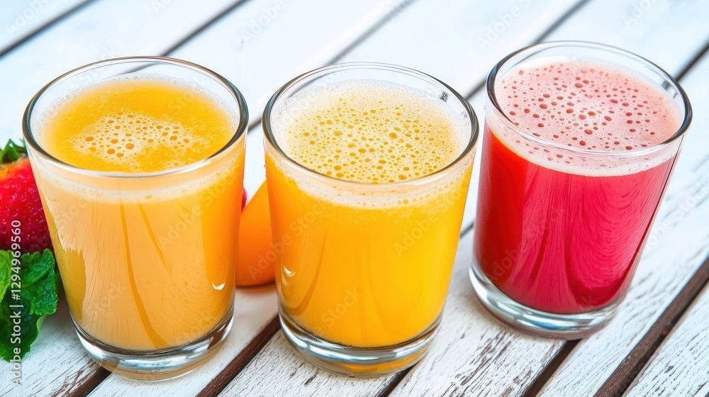 Freshly squeezed fruit juices in glasses on white wooden table Freshly squeezed fruit juices in glasses on white wooden table