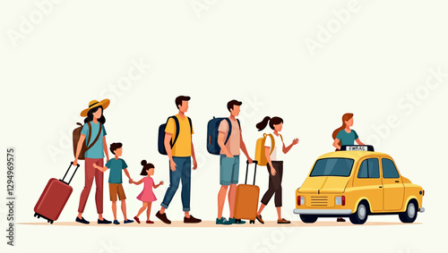 A happy family with children waiting for a taxi, ready to go on vacation with their suitcases.