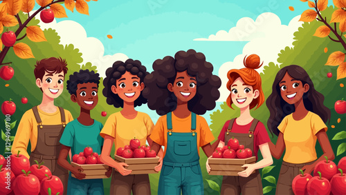 Smiling group of young farmers holding apple baskets in an autumn orchard surrounded by lush trees and ripe apples.