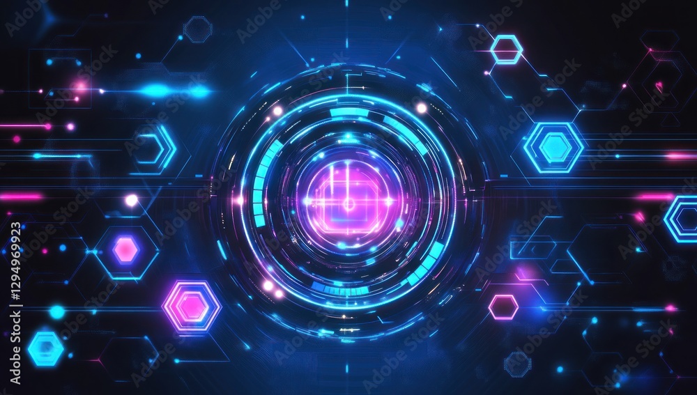 Obraz premium Futuristic digital interface with glowing concentric circles, hexagons, and circuit patterns.