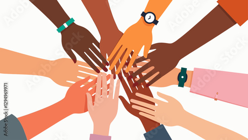 A group of diverse hands joining together in unity, representing teamwork, equality, and mutual support across different communities.