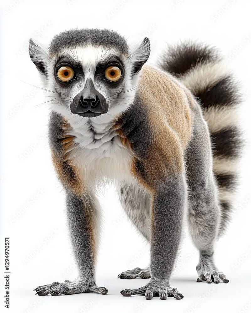 Obraz premium A close-up of a lemur standing with a curious expression against a white background.