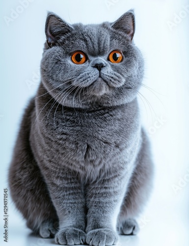 A fluffy grey cat with bright orange eyes sitting against a light background.