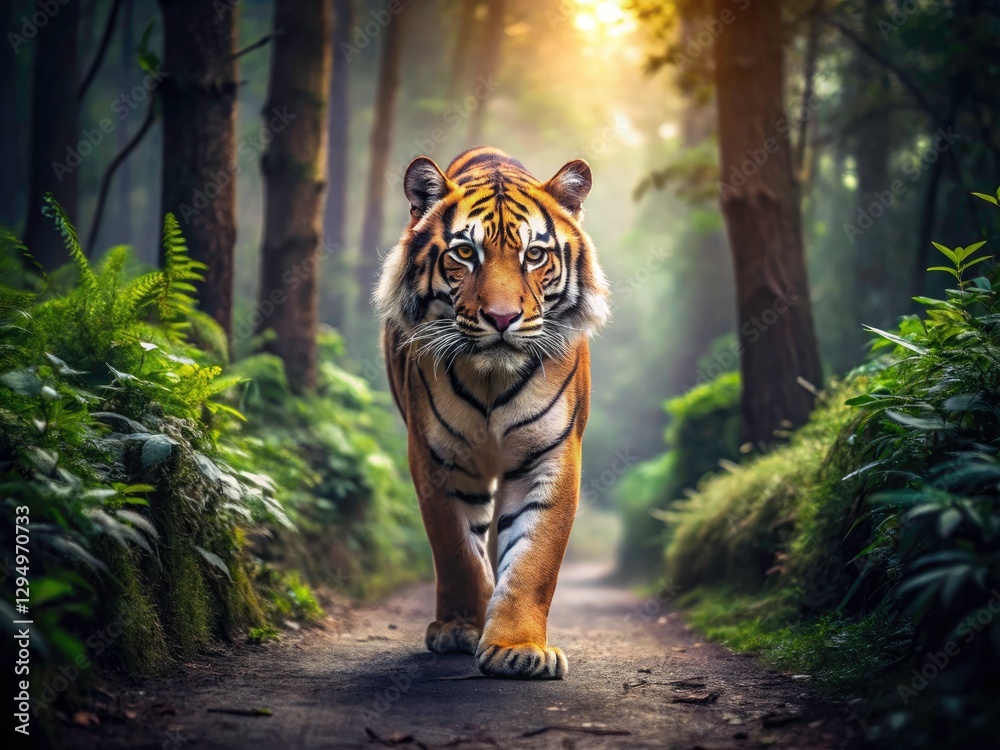 Fototapeta premium Urban Exploration Photography: Tiger in Forest Path - Wildlife Adventure, Nature Scene, Jungle, Wild Cat