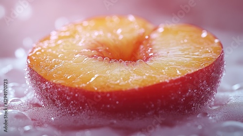 Close-up of a juicy peach slice, vibrant orange-red flesh, with water droplets and bubbles, creating a refreshing visual. photo