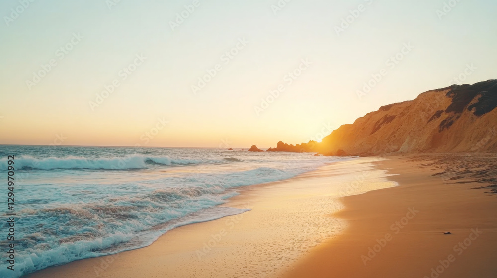 Golden sunset over serene beach with gentle waves and rocky cliffs Golden sunset over serene beach with gentle waves and rocky cliffs