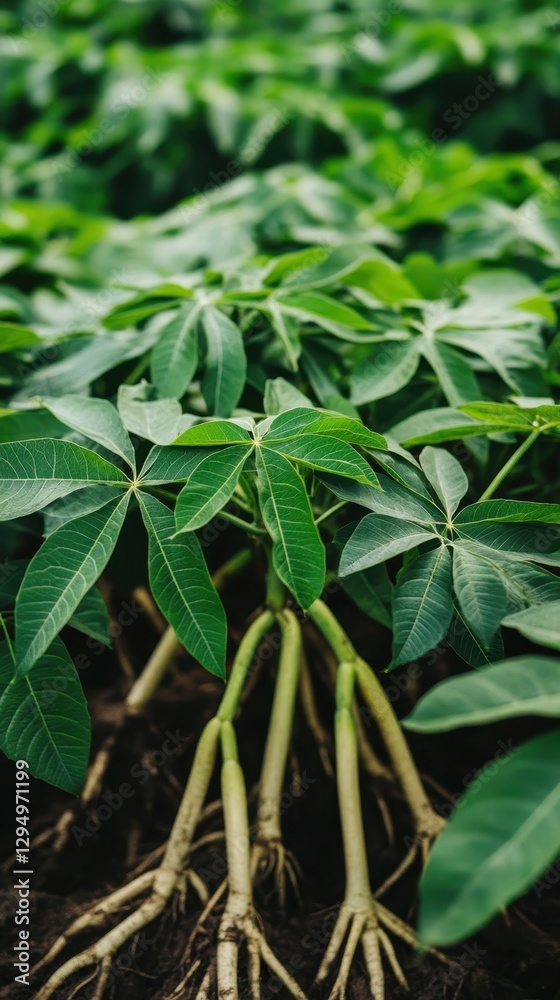 Lush Green Cassava Plantation: A Close-Up View of Vibrant Foliage and Exposed Roots Lush Green Cassava Plantation: A Close-Up View of Vibrant Foliage and Exposed Roots