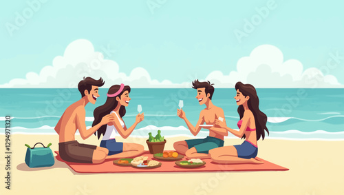 A group of young people enjoying a picnic on a sandy beach, relaxing, eating, and having a good time under the sun.