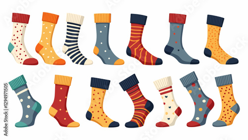 A variety of colorful and stylish socks with different patterns, perfect for keeping warm in the winter and adding fun to outfits.