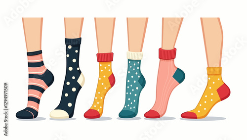 A variety of cozy and colorful socks displayed on legs, showcasing fun patterns and trendy fashion accessories for everyday comfort.