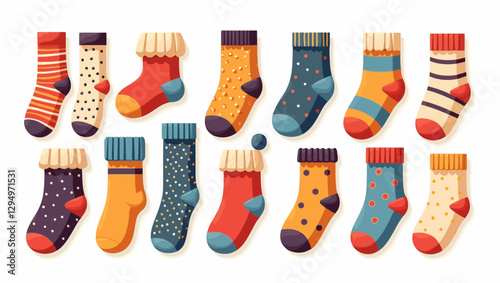  A set of colorful, stylish socks with different patterns and designs, representing cozy fashion, comfort, and winter essentials.