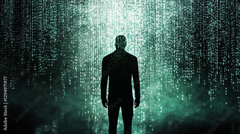 Obraz premium Digital Immersion Silhouette of a Figure in Binary Code Data Stream