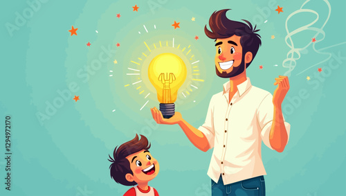 A father and son happily holding a glowing light bulb, symbolizing new ideas, intelligence, and innovation. A concept of education, success, and imagination.